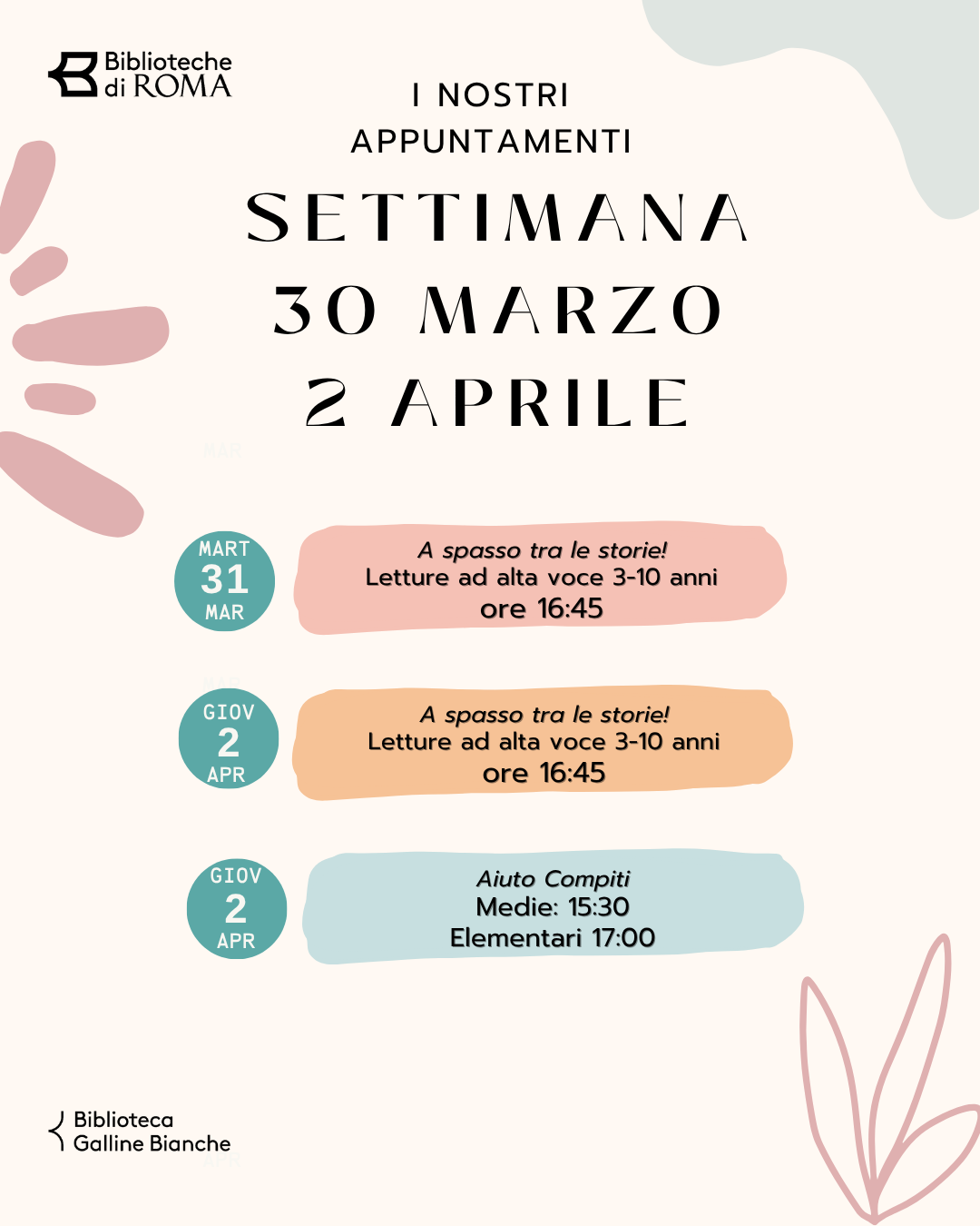Appuntamenti della settimana dal 30 marzo al 2 aprile